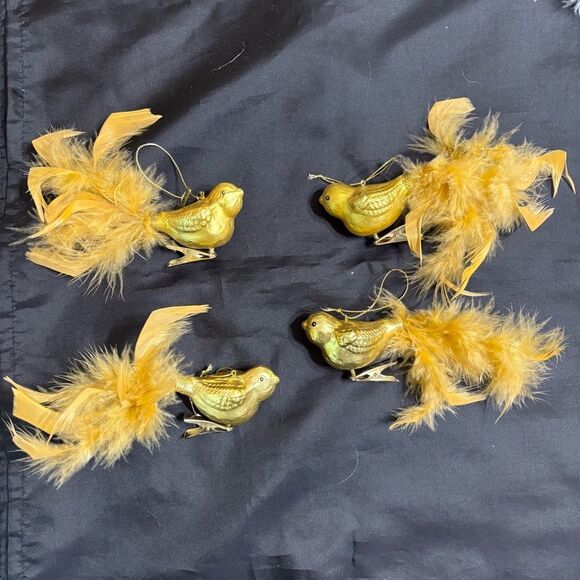 Set of Four Gold Bird Glittery Clip on Glass Ornaments with Feathers - Picture 2 of 8